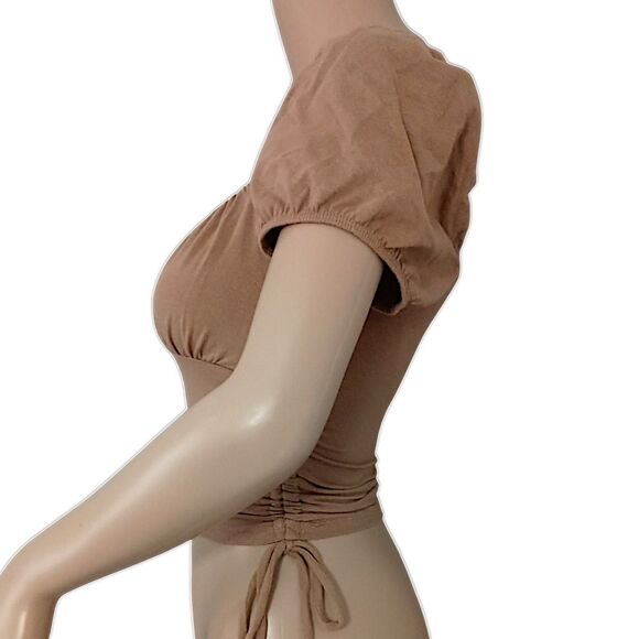 Y2K Hollister Milkmaid Top XXS Babydoll Cropped Ruched Coquette Puff Sleeves Tan - Picture 6 of 16